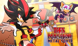 Size: 2011x1194 | Tagged: safe, artist:daereamart, e-123 omega, rouge the bat, shadow the hedgehog, sonic heroes, 2026, bullet station, daytime, english text, flying, looking at viewer, looking offscreen, mid-air, outdoors, rail grinding, railing, robot, rouge's heroes bodysuit, team dark, text, train, trio, youtube link in description, youtube thumbnail