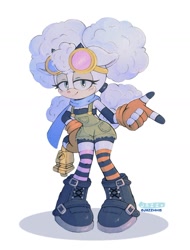 Size: 1081x1423 | Tagged: safe, artist:jazzmm15, lanolin the sheep, 2026, alternate outfit, boots, buckle, clothes, eyewear on head, goggles, goggles on head, lidded eyes, looking at viewer, overalls, pointing, scarf, shirt, simple background, smile, solo, standing, stockings, white background