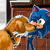 Size: 800x800 | Tagged: safe, artist:theeeriebear, ozzy the dog, sonic the hedgehog, dog, hedgehog, sonic the hedgehog (2020), 2019, abstract background, collar, duo, hugging, indoors, literal animal, male, redraw, standing