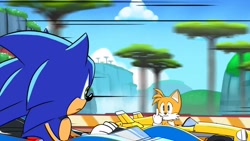 Size: 1042x588 | Tagged: safe, editor:flamez 137, miles "tails" prower, sonic the hedgehog, 2019, :|, car, clouds, driving, duo, edit, faic, frown, looking at each other, middle finger, team sonic racing overdrive, tree, vehicle