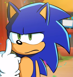 Size: 627x667 | Tagged: safe, editor:flamez 137, sonic the hedgehog, 2019, confetti, edit, frown, looking offscreen, middle finger, solo, sonic is not amused, standing, team sonic racing overdrive, unamused