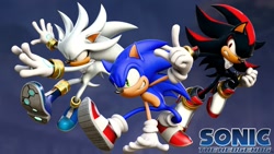 Size: 1200x675 | Tagged: safe, artist:hunicrio, shadow the hedgehog, silver the hedgehog, sonic the hedgehog, sonic the hedgehog (2006), 2026, 3d, frown, looking at viewer, looking offscreen, mid-air, pointing, posing, smile, trio