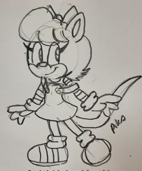 Size: 1704x2048 | Tagged: safe, artist:sailorsonikku, 2026, bow, clothes, dress, gloves, line art, looking offscreen, monochrome, pencilwork, posey, shoes, signature, sketch, smile, socks, solo, traditional media