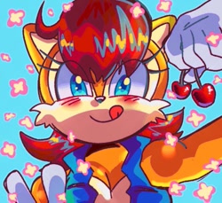 Size: 589x539 | Tagged: safe, artist:sarah_dertale54, sally acorn, chipmunk, 2025, blushing, cherry, female, fruit, holding something, looking at viewer, sally's vest and boots, solo, tongue out, v sign