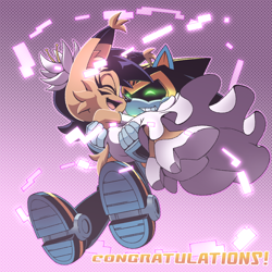 Size: 2000x2000 | Tagged: safe, artist:velcetlcicle, nicole the hololynx, shard the metal, lynx, 2022, carrying them, clothes, duo, english text, female, flower, flower in ear, happy, hololynx, looking at each other, male, marriage, mid-air, nicole x shard, robot, sharp teeth, shipping, smile, straight, wedding, wedding dress