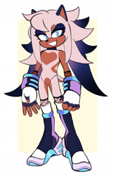Size: 1280x1986 | Tagged: safe, artist:riptidethespaniel, oc, oc:carys medwin, hedgehog, 2025, beanbrows, boots, eyelashes, femboy, fingerless gloves, fishnets, fur markings, glamrock, gloves, long hair, looking at viewer, male, oc only, smile, solo, solo male, topless, trans male, transgender