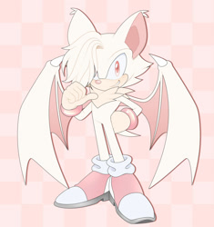 Size: 1280x1361 | Tagged: safe, artist:riptidethespaniel, oc, oc:ivory the bat, bat, 2026, checkered background, chest fluff, ear fluff, eyestrain, gloves, hair over one eye, hand on hip, male, oc only, pink nose, pointing, shoes, socks, solo, solo male, standing, wings