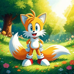 Size: 750x750 | Tagged: safe, ai art, artist:limebluion, artist:nightcafé, miles "tails" prower, fox, 2024, cel shaded, daytime, field, flower, front view, grass, hands on hips, male, mouth open, outdoors, solo, solo male, standing, sun, tree
