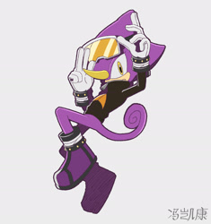 Size: 1920x2043 | Tagged: safe, artist:evan feng, espio the chameleon, 2025, cel shaded, chameleon, chinese text, clothes, eyewear on head, frown, fully clothed, gloves, goggles, goggles on head, jacket, looking at viewer, male, mid-air, posing, riders outfit, riders style, shoes, signature, simple background, ski goggles, solo, solo male, sonic riders, style emulation, white background, yellow eyes, zip