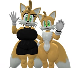 Size: 1590x1440 | Tagged: suggestive, artist:kabalmystic, artist:katfox, oc, oc:sunniko the fox, oc:sunny the fox, fox, 2026, 3d, clothes, dress, duo, eyelashes, female, gender swap, green eyes, looking at viewer, male, mouth open, not tails, self paradox, simple background, smile, standing, two tails, white background