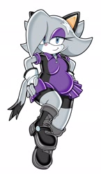 Size: 1190x2048 | Tagged: safe, artist:sonicguru, oc, oc:star the cat, cat, 2021, blue eyes, boots, chubby, clothes, dress, female, fingerless gloves, fur markings, gloves, grey fur, hands on hips, lidded eyes, looking at viewer, oc only, shorts, simple background, smile, solo, solo female, style emulation, uekawa style, white background, zip