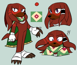 Size: 951x804 | Tagged: safe, artist:bbgatile, knuckles the echidna, echidna, cape, claws, dark skin, exclamation mark, fingerless gloves, frown, fur markings, gloves, grey background, looking at viewer, looking offscreen, male, poncho, question mark, redesign, simple background, smile, solo, solo male, standing, wraps