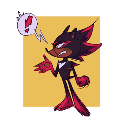 Size: 1280x1280 | Tagged: safe, artist:moodlemcdoodle, shadow the hedgehog, hedgehog, 2019, alternate eye color, barefoot, blushing, clenched fist, clenched teeth, exclamation mark, flat colors, fur markings, gloves off, green blush, looking offscreen, male, pawpads, paws, redesign, semi-transparent background, sketch, solo, solo male, speech bubble, standing, yellow eyes
