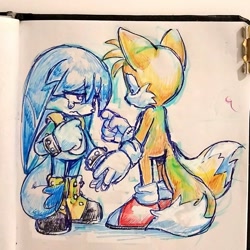Size: 1023x1024 | Tagged: safe, artist:threedots000, kit the fennec, miles "tails" prower, fox, 2026, comforting, crying, duo, duo male, fennec, frown, gay, holding hands, kit x tails, kitabetes, looking at each other, male, males only, sad, shipping, standing, tailabetes, tears, tears of sadness, traditional media