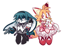 Size: 1513x1112 | Tagged: safe, artist:son1c, kit the fennec, miles "tails" prower, chao, fox, 2025, agender, asexual, dress, eyelashes, female, fennec, fur markings, gun, hero chao, holding something, kit x tails, lesbian, looking at viewer, shipping, simple background, trans female, trans girl kit, trans girl tails, transgender, transparent background, trio