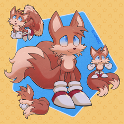 Size: 1150x1150 | Tagged: safe, artist:spinnando, miles "tails" prower, fox, 2025, abstract background, brown fur, color swap, eyes closed, flying, hands behind back, looking offscreen, male, mid-air, sleeping, smile, solo, solo male, spinning tails, standing, tailabetes