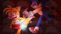 Size: 1280x720 | Tagged: semi-grimdark, artist:cloudsorcerer28, miles "tails" prower, sonic the hedgehog, oc, oc:sonic.exe, fox, hedgehog, 2024, arm buster, arm fluff, black sclera, blaster, blood, chasing, duo, duo male, glowing eyes, leg fluff, male, males only, mouth open, one fang, reaching out, running, scared, sharp teeth, treads, weapon, youtube thumbnail