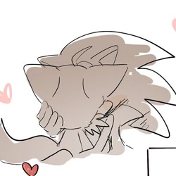 Size: 600x600 | Tagged: safe, artist:pupu77859245726, miles "tails" prower, sonic the hedgehog, 2026, blushing, duo, gay, holding them, kiss, monochrome, shipping, simple background, sonic x tails, spot color, white background