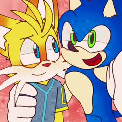 Size: 1080x1080 | Tagged: safe, artist:appleandcinnamon, miles "tails" prower, nine, sonic the hedgehog, sonic prime, 2026, duo, gay, looking at them, looking at viewer, mouth open, nine x sonic, selfie, shipping, smile, sonic x tails