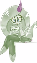 Size: 1665x2832 | Tagged: suggestive, artist:icydirtball, zeena, zeti, english text, lidded eyes, looking at viewer, monochrome, shirt, simple background, sitting, smile, solo, text, white background, words on a shirt