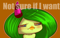 Size: 1073x688 | Tagged: safe, artist:tenshigarden, zeena, zeti, 2013, blushing, caption, cute, dialogue, english text, faic, frown, looking offscreen, orange background, outline, simple background, solo, squinting, text, zeenabetes