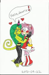 Size: 1120x1700 | Tagged: safe, artist:katarinathecat, amy rose, zeena, zeti, 2013, age difference, amy x zeena, blushing, dialogue, duo, english text, flirting, heart, holding another's face, lesbian, shipping, speech bubble, standing, sweatdrop, text