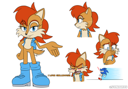Size: 5000x3500 | Tagged: safe, artist:soniarts08, sally acorn, sonic the hedgehog, chipmunk, hedgehog, 2026, blushing, dialogue, duo, english text, exclamation mark, female, hand on stomach, hands on own mouth, looking at them, looking at viewer, looking offscreen, male, pose, sally's vest and boots, solo focus, stopping, tears