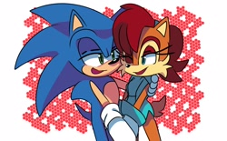 Size: 1676x1040 | Tagged: safe, artist:sonicboomnextgen, sally acorn, sonic the hedgehog, chipmunk, hedgehog, 2020, alternate outfit, clothes, duo, female, happy, looking at each other, male, one eye closed, sally x sonic, shipping, smile, straight