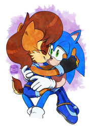 Size: 717x988 | Tagged: safe, artist:finimun, sally acorn, sonic the hedgehog, chipmunk, hedgehog, 2017, alternate outfit, clothes, duo, eyes closed, female, gloves, happy, looking at each other, male, sally x sonic, shipping, smile, straight