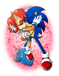 Size: 881x1121 | Tagged: safe, artist:bellseashell, sally acorn, sonic the hedgehog, chipmunk, hedgehog, 2018, abstract background, duo, eyes closed, female, hands on another's head, hugging, kiss, male, sally x sonic, sally's ringblader outfit, shipping, straight
