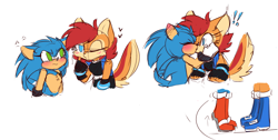 Size: 2400x1211 | Tagged: safe, artist:syrcaii, sally acorn, sonic the hedgehog, oc, oc:maurice the hedgehog (syrcaii), chipmunk, hedgehog, 2022, alternate universe, au:resonance, blushing, duo, exclamation mark, female, heart, kiss, nonbinary, sally x sonic, sally's ringblader outfit, shipping, simple background, white background