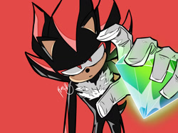 Size: 1280x960 | Tagged: safe, artist:raych3, shadow the hedgehog, 2026, bending over, chaos emerald, frown, holding something, lidded eyes, looking at viewer, red background, signature, simple background, solo