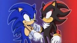 Size: 1920x1080 | Tagged: safe, artist:kadecathog_arts, shadow the hedgehog, sonic the hedgehog, hedgehog, 2025, duo, male, simple background