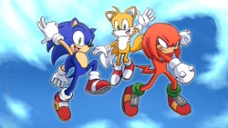 Size: 1920x1080 | Tagged: safe, artist:kadecathog_arts, knuckles the echidna, miles "tails" prower, sonic the hedgehog, echidna, fox, hedgehog, sonic heroes, 2025, clouds, daytime, fist, jumping, looking at viewer, looking offscreen, male, mouth open, open smile, sky background, smile, smiling at viewer, trio, watermark, waving, waving at viewer