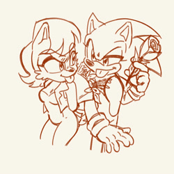 Size: 1000x1000 | Tagged: safe, artist:tracingpapier, sally acorn, sonic the hedgehog, chipmunk, hedgehog, 2025, duo, female, flower, looking at each other, male, redraw, sally x sonic, sally's vest and boots, shipping, straight, tongue out, traditional media