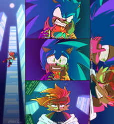 Size: 1877x2048 | Tagged: safe, artist:navii-blaze, sally acorn, sonic the hedgehog, chipmunk, hedgehog, 2025, building, clothes, crossover, crying, cybernetic, cyberpunk 2077, cyberpunk 2077 edgerunners, dialogue, duo, english text, falling, female, looking at each other, male, nighttime, redraw, sally x sonic, shipping, straight, tears