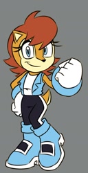 Size: 913x1787 | Tagged: safe, artist:lady_axolotl04, sally acorn, chipmunk, 2026, alternate universe, female, fist, looking at viewer, pose, sally's ringblader outfit, simple background, solo