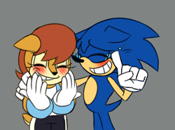 Size: 1354x1000 | Tagged: safe, artist:lady_axolotl04, sally acorn, sonic the hedgehog, chipmunk, hedgehog, 2026, alternate universe, blushing, female, looking at viewer, male, sally x sonic, sally's ringblader outfit, shipping, simple background, solo, straight