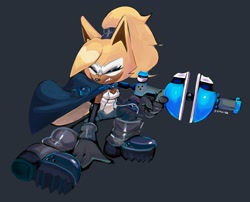 Size: 2048x1655 | Tagged: safe, artist:emilex56, whisper the wolf, wolf, 2026, black and white, clenched teeth, eyes closed, female, fighting pose, holding something, one fang, posing, simple background, solo, treads