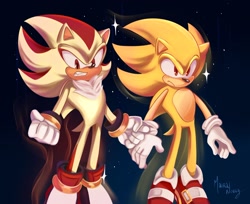 Size: 2048x1669 | Tagged: safe, artist:maira_noe_, shadow the hedgehog, sonic the hedgehog, super shadow, super sonic, hedgehog, sonic adventure 2, 2026, clenched fists, clenched teeth, duo, flying, frown, looking at viewer, looking offscreen, male, mid-air, redraw, signature, space, sparkles, star (sky), super form