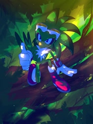 Size: 810x1080 | Tagged: safe, artist:moment_etu, jet the hawk, bird, 2026, abstract background, daytime, goggles, kneeling, leaf, looking offscreen, male, nature, outdoors, smile, solo, thumbs up, tree, tree branch