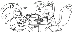 Size: 1280x581 | Tagged: safe, artist:rinn-kun, miles "tails" prower, sonic the hedgehog, fox, hedgehog, ..., 2011, alternate outfit, blushing, clothes, date, duo, eyelashes, eyes closed, female, food, gender swap, half r63 shipping, head rest, ice cream, lidded eyes, line art, looking at them, male, monochrome, mouth open, shipping, shorts, signature, simple background, smile, sonic x tails, speech bubble, spoon, stool, straight, sweatdrop, table, tank top, white background