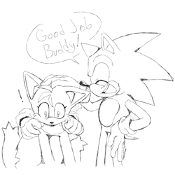 Size: 2000x2000 | Tagged: safe, artist:la_gata_golosa_, miles "tails" prower, sonic the hedgehog, 2025, dialogue, duo, exclamation mark, gay, headpats, line art, monochrome, shipping, simple background, smile, sonic x tails, surprised, white background