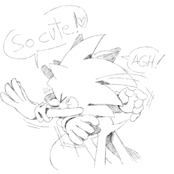 Size: 2000x2000 | Tagged: safe, artist:la_gata_golosa_, miles "tails" prower, sonic the hedgehog, 2025, cute, dialogue, duo, gay, hugging, line art, monochrome, shipping, simple background, smile, sonabetes, sonic x tails, standing, surprise hug, surprised, white background