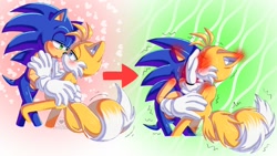 Size: 1536x864 | Tagged: safe, artist:la_gata_golosa_, miles "tails" prower, sonic the hedgehog, 2020, blushing, blushing ears, duo, embarrassed, eyes closed, gay, holding each other, lidded eyes, looking at each other, shipping, sonic x tails, sweatdrop
