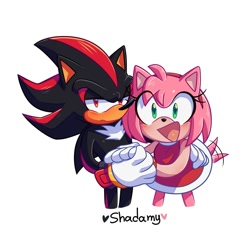 Size: 2000x2000 | Tagged: safe, artist:la_gata_golosa_, amy rose, shadow the hedgehog, amy x shadow, anonymous editor, duo, edit, eye clipping through hair, frown, heart, holding hands, lidded eyes, looking at viewer, mouth open, open smile, ship name, shipping, simple background, smile, smiling at viewer, standing, straight, text, wagging tail, white background
