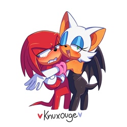 Size: 2000x2000 | Tagged: safe, artist:la_gata_golosa_, knuckles the echidna, rouge the bat, anonymous editor, arms folded, blushing, duo, edit, frown, heart, knuxouge, lidded eyes, one fang, ship name, shipping, simple background, smile, standing, straight, white background, wink