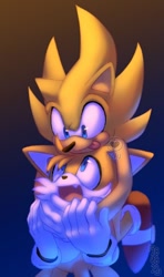 Size: 600x1012 | Tagged: safe, artist:la_gata_golosa_, miles "tails" prower, sonic the hedgehog, super sonic 2, 2021, cute, duo, flying, gradient background, hugging, hugging from behind, looking at each other, looking down, looking down at them, looking up, looking up at them, mid-air, one fang, signature, smile, sonabetes, standing, super form, tailabetes, tongue out