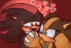 Size: 1280x853 | Tagged: safe, artist:tr4le, shadow the hedgehog, sticks the badger, 2022, blushing, duo, floppy ears, frown, heart, heart eyes, holding hands, lidded eyes, looking at them, shadsticks, shipping, smile, sonic boom (tv), straight
