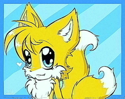 Size: 1125x889 | Tagged: safe, artist:shaythesleepyking, miles "tails" prower, 2026, border, chest fluff, cute, ear fluff, eyelashes, fluffy, heart, looking at viewer, one fang, smile, solo, striped background, tailabetes